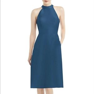 ALFRED SUNG Satin Twill Cocktail Halter Dress in Dusk Blue (NWT)